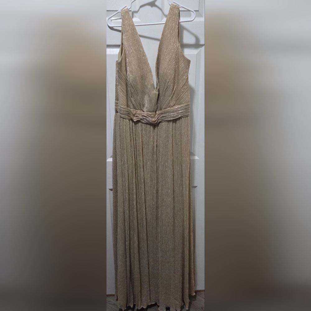 Metallic Gold Plisse Maxi Dress with Knotted Waist